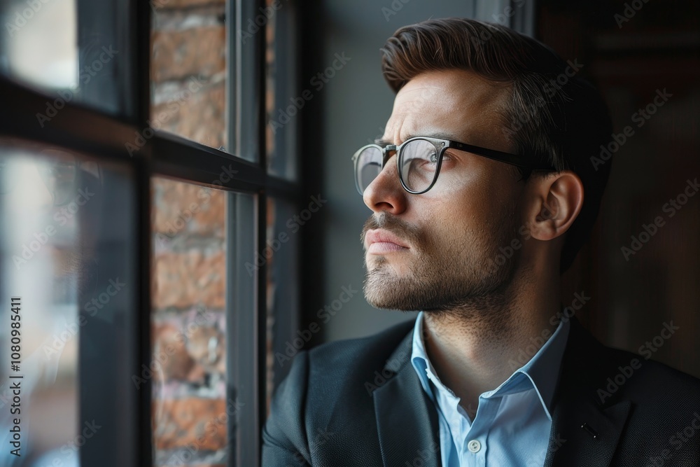 A man in a suit and glasses looks out a window, deep in thought A businessman looking thoughtful while gazing out of a window A man in a suit and glasses looks out a window, deep in thought A businessman looking thoughtful while gazing out of a window