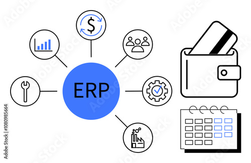 ERP central hub connected to icons for financial management, workforce, tools, manufacturing, and scheduling. Ideal for business management, integration, project planning, financial systems HR