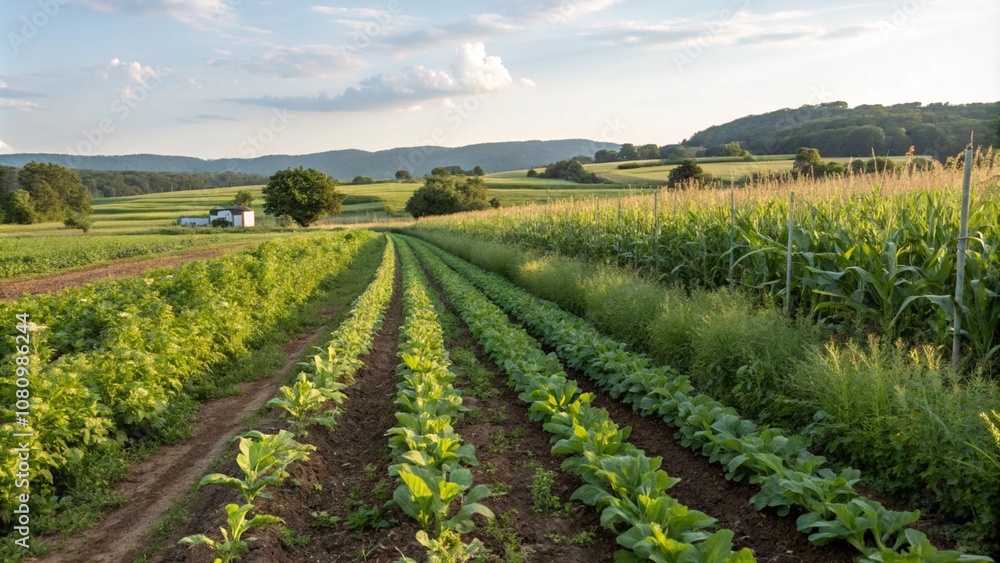 Field of organic crops under sustainable farming techniques, showing no-till farming and natural pest control methods Field of organic crops under sustainable farming techniques, showing no-till farming and natural pest control methods