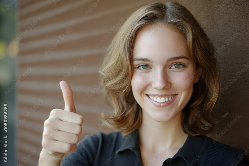 Brightly smiling young woman giving a thumbs-up, exuding success and positivity Brightly smiling young woman giving a thumbs-up, exuding success and positivity