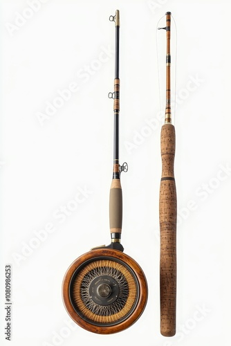 Two wooden fly fishing rods with reel. photo