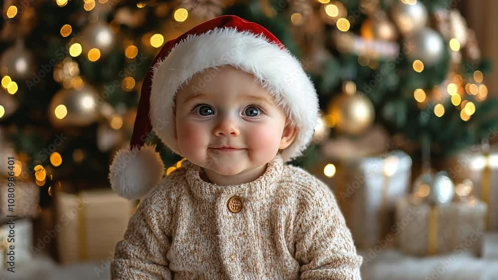 Adorable baby wearing Christmas hat in cozy sweater sits in front of a beautifully decorated tree Adorable baby wearing Christmas hat in cozy sweater sits in front of a beautifully decorated tree