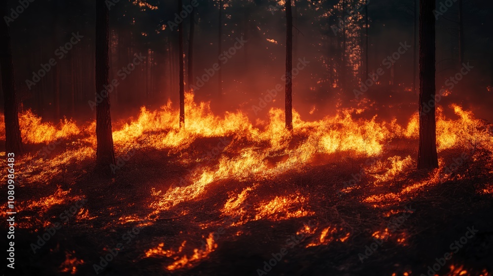 A forest fire burning through a dense forest with flames spreading across the ground A forest fire burning through a dense forest with flames spreading across the ground