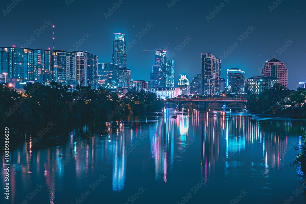Fototapeta premium Austin City Skyline at Night With River Reflections, A bustling city skyline with twinkling lights and reflections in a tranquil river below