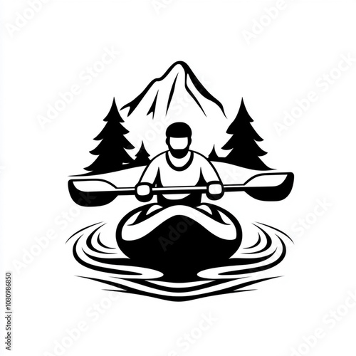 Stylized black white illustration of a man in a kayak, perfect for creating logos and icons for sports and recreational activities.