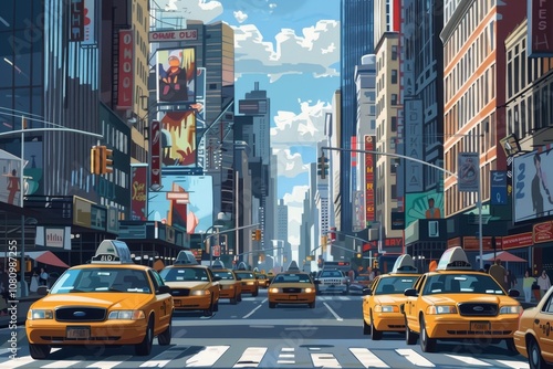 A bustling city street filled with yellow cabs and towering skyscrapers A bustling city street with neon lights and skyscrapers