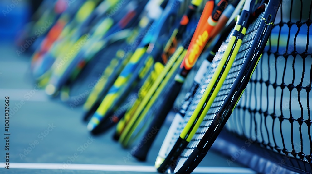 A row of tennis rackets leaning against a net, with the court surface in the background. A row of tennis rackets leaning against a net, with the court surface in the background.