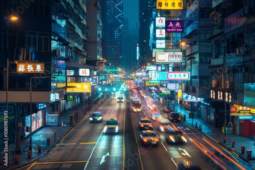 A vibrant, bustling street in Hong Kong with a mix of neon signs and vehicles at night A bustling city street with traffic and neon lights