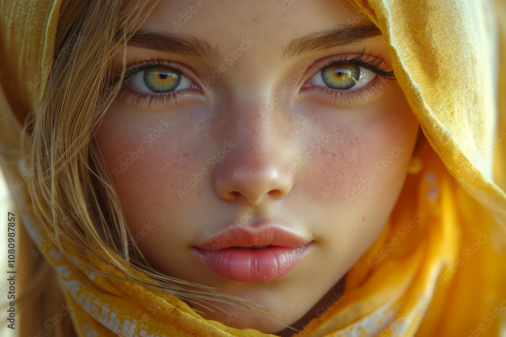 A close up of a woman with freckles on her face and a yellow scarf A close up of a woman with freckles on her face and a yellow scarf