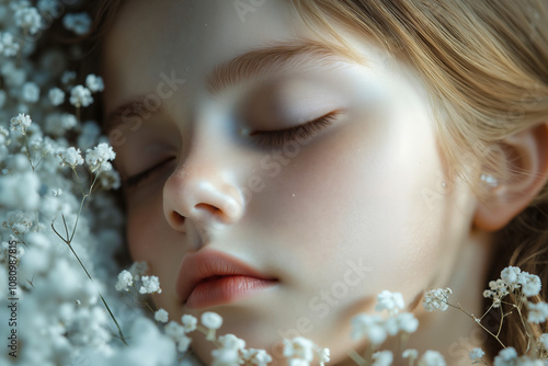 A young girl laying in a field of baby's breath photo