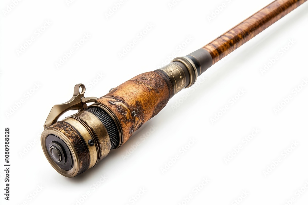Ornate wooden fishing rod reel. Ornate wooden fishing rod reel.