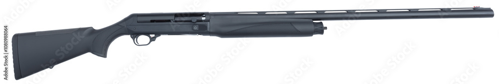 Isolated full length 12 gauge shotgun with a black polymer stock designed for waterfowl and bird hunting.