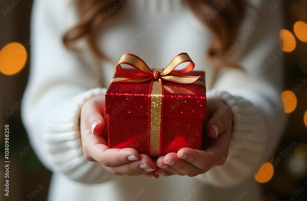 Close-up of a woman in a white sweater holding a red gift box with a gold ribbon Close-up of a woman in a white sweater holding a red gift box with a gold ribbon