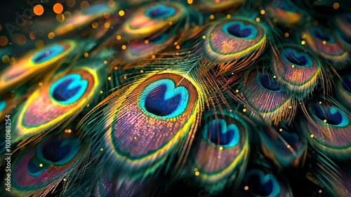 Close-up of luminous peacock feathers displaying vibrant colors and intricate patterns. Wallpaper High-resolution, Luxury and nature concept.