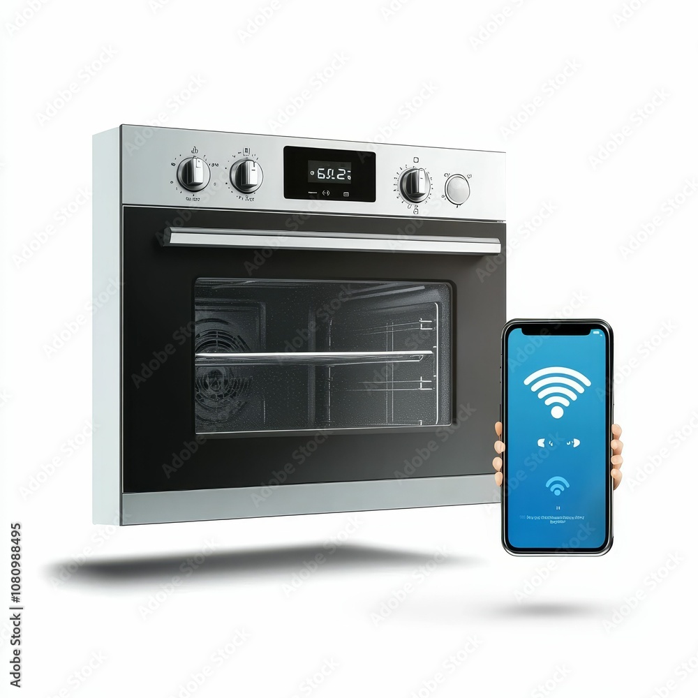 Fototapeta premium Smart oven connected to smartphone via WiFi.