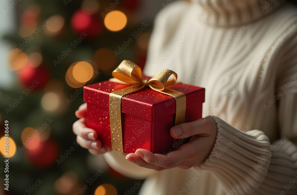 Close-up of a woman in a white sweater holding a red gift box with a gold ribbon against the background of a cozy room with Christmas decorations. Close-up of a woman in a white sweater holding a red gift box with a gold ribbon against the background of a cozy room with Christmas decorations.