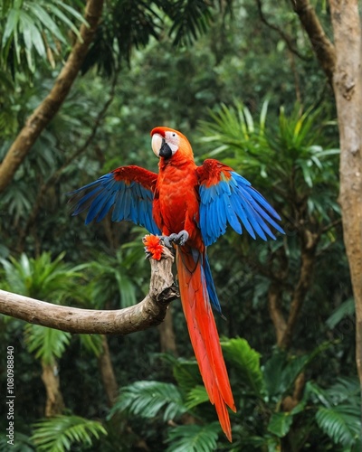 Hybrid parrot in the jungle forest. Rare form Ara macao x Ara ambigua, scarlet and green macaw form, Costa Rica. Wildlife scene from tropical nature. Bird in fly, jungle.