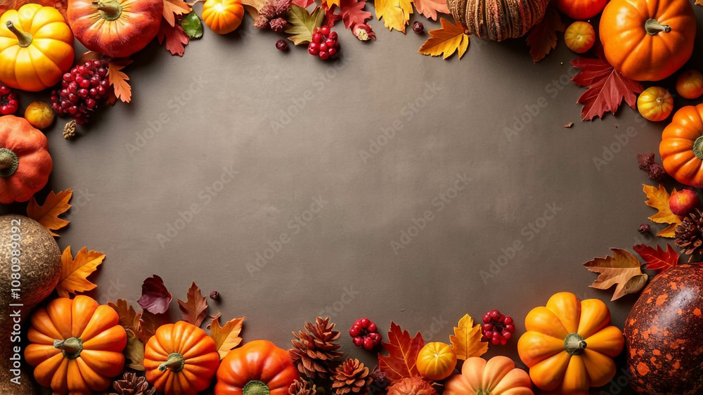 Fototapeta premium Autumn background with copy space of autumn leaves and pumpkins, Thanksgiving tradition, Thanksgiving background