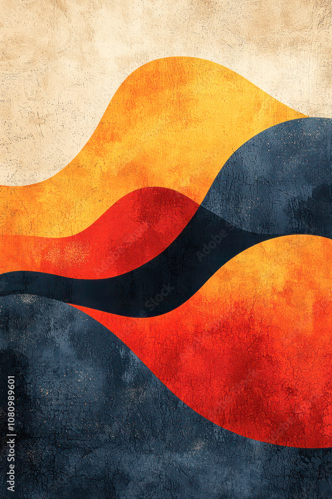Abstract composition featuring overlapping red, orange, and dark blue wavy shapes with a textured surface on a light background. Abstract composition featuring overlapping red, orange, and dark blue wavy shapes with a textured surface on a light background.