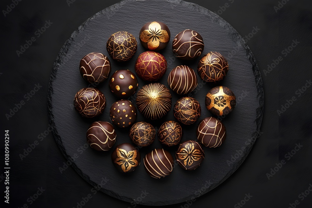Obraz premium truffles of luxury chocolates with elegant gold dust, representing gourmet treats, chocolate collection sweets and gourmet dessert