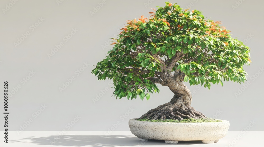 Lush Bonsai Tree with Vibrant Green Leaves and Intricate Roots in Decorative Pot, Perfect for Home Decor, Landscaping, and Relaxation Themes