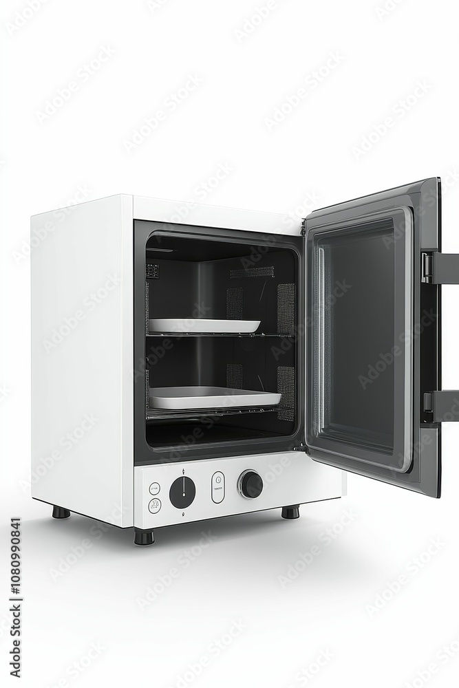 White oven with open door and empty shelves. White oven with open door and empty shelves.