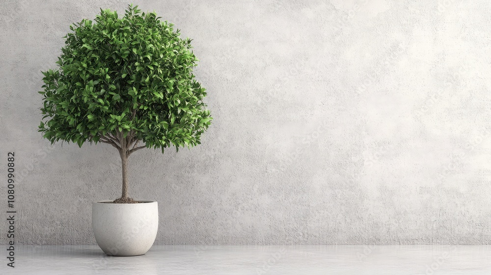 Elegant Potted Tree with Lush Green Foliage Against a Minimalist Gray Wall in a Modern Indoor Space Elegant Potted Tree with Lush Green Foliage Against a Minimalist Gray Wall in a Modern Indoor Space