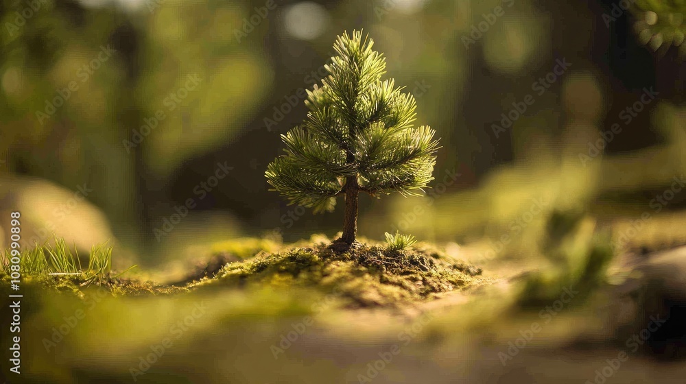 Lush Green Pine Tree Growing in Natural Landscape Surrounded by Vibrant Moss, Soft Sunlight, and Serene Nature for Inviting Atmosphere and Eco-Friendly Themes Lush Green Pine Tree Growing in Natural Landscape Surrounded by Vibrant Moss, Soft Sunlight, and Serene Nature for Inviting Atmosphere and Eco-Friendly Themes