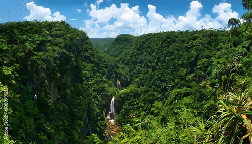Lush Green Valley with Cascading Waterfalls at Black River Gorges National Park