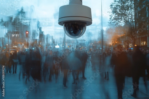 Time-lapse of bustling city with prominent surveillance camera photo