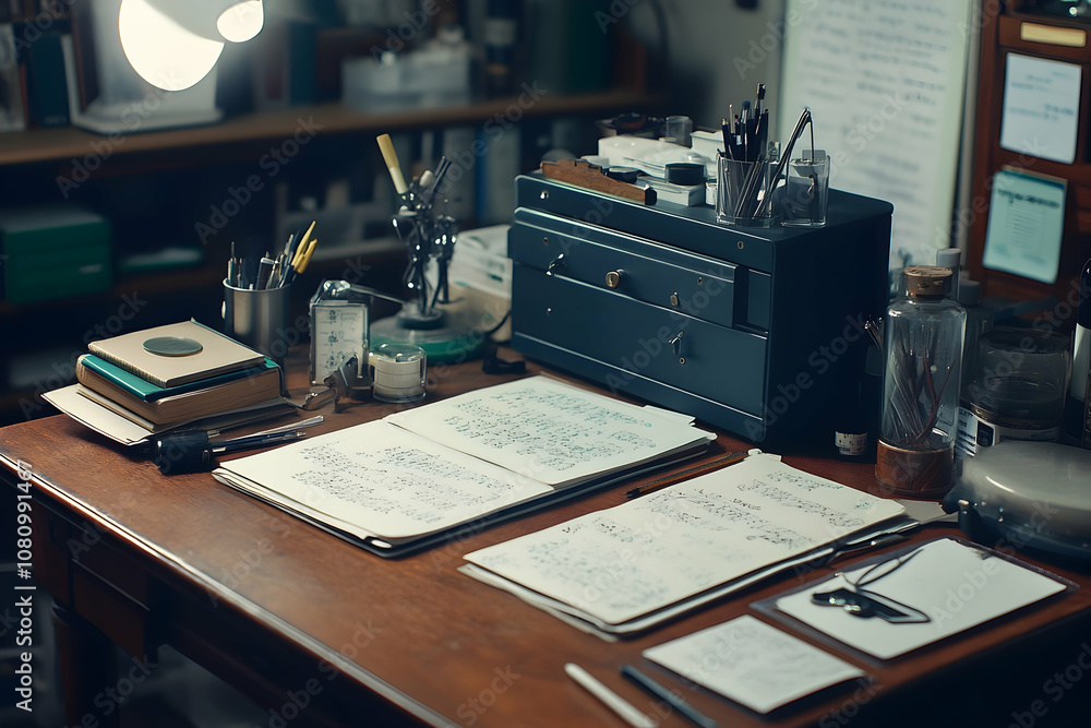 Doctora??s workspace, desk filled with medical notes and equipment Doctora??s workspace, desk filled with medical notes and equipment
