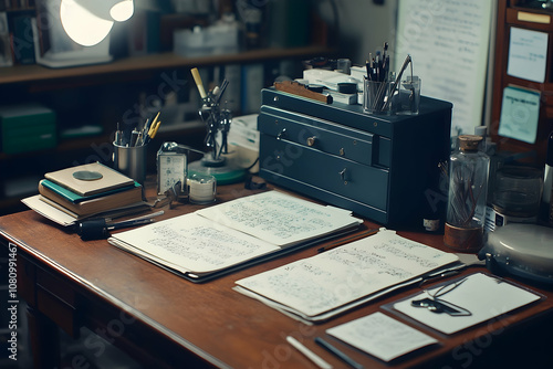 Doctora??s workspace, desk filled with medical notes and equipment photo