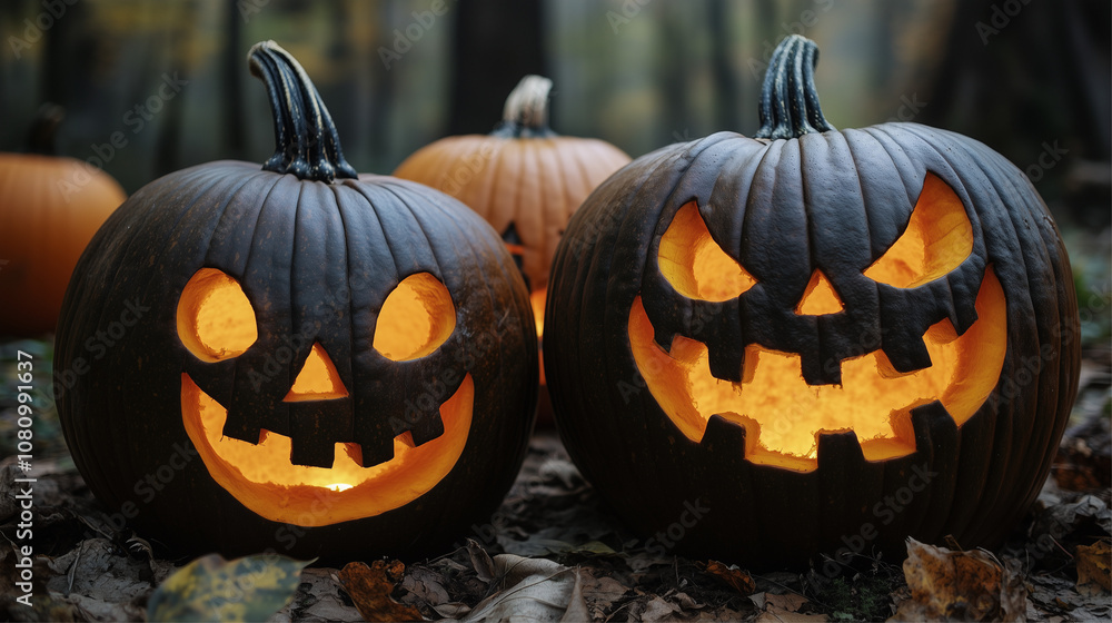Halloween pumpkins carved with grinning faces brightly lit against night. Halloween pumpkins carved with grinning faces brightly lit against night.