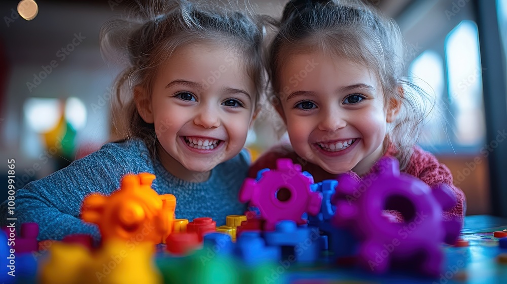 Two smiling children are deeply engaged with colorful building blocks, showcasing joy, creativity, playfulness, childhood innocence, and a fun learning environment. Two smiling children are deeply engaged with colorful building blocks, showcasing joy, creativity, playfulness, childhood innocence, and a fun learning environment.