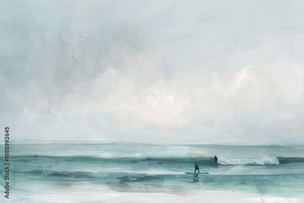 A peaceful seascape with surfers riding waves in the distance, as the sun sets on the horizon A calm seascape with distant surfers catching waves A peaceful seascape with surfers riding waves in the distance, as the sun sets on the horizon A calm seascape with distant surfers catching waves