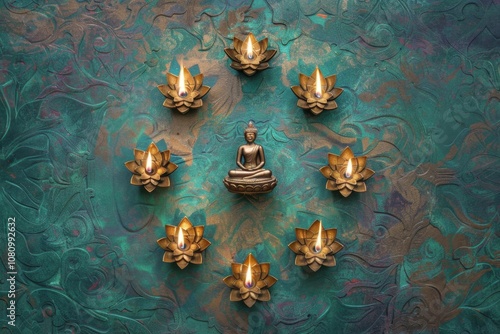 Minimalist celestial arrangement of Eight Auspicious Symbols symbolizing enlightenment photo