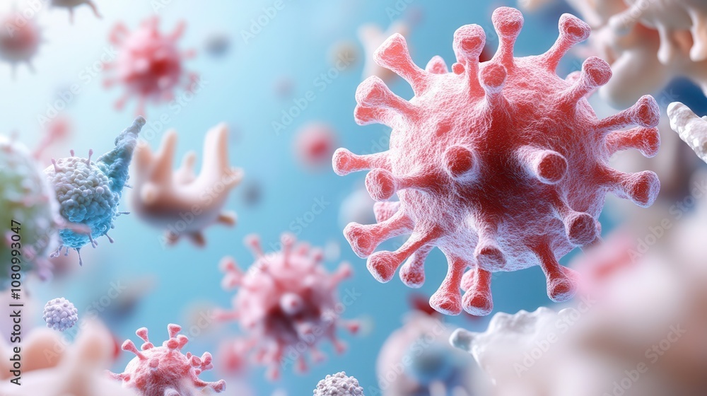 A detailed computer-generated view of viruses highlighting their complex structures in a microscopic setting A detailed computer-generated view of viruses highlighting their complex structures in a microscopic setting