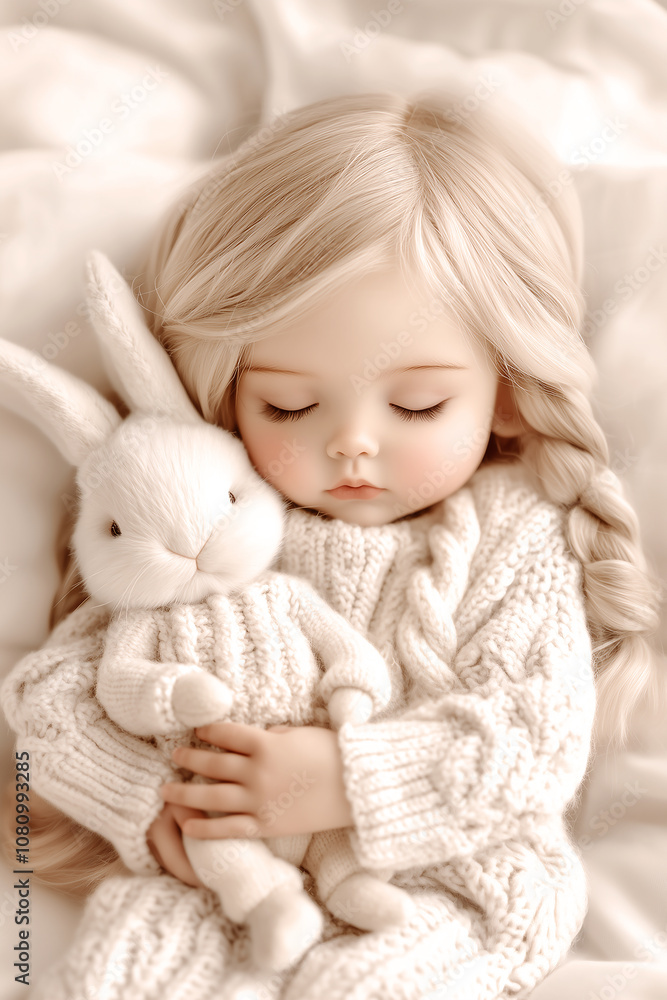 Adorable Little Girl with a baby doll and a rabbit doll, sleeping on a beige blanket, with a warm and cozy feel Adorable Little Girl with a baby doll and a rabbit doll, sleeping on a beige blanket, with a warm and cozy feel