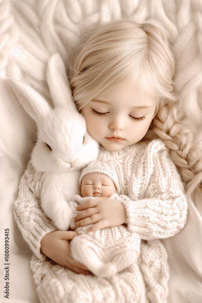 Adorable Little Girl with a baby doll and a rabbit doll, sleeping on a beige blanket, with a warm and cozy feel Adorable Little Girl with a baby doll and a rabbit doll, sleeping on a beige blanket, with a warm and cozy feel