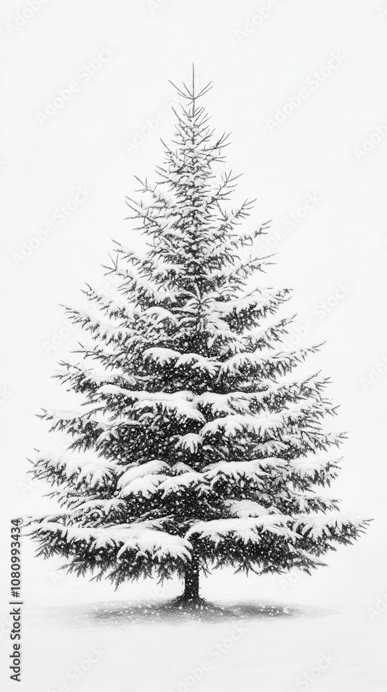 A beautiful Christmas tree covered in snow showcasing minimalist black and white design with high detail on a white background A beautiful Christmas tree covered in snow showcasing minimalist black and white design with high detail on a white background