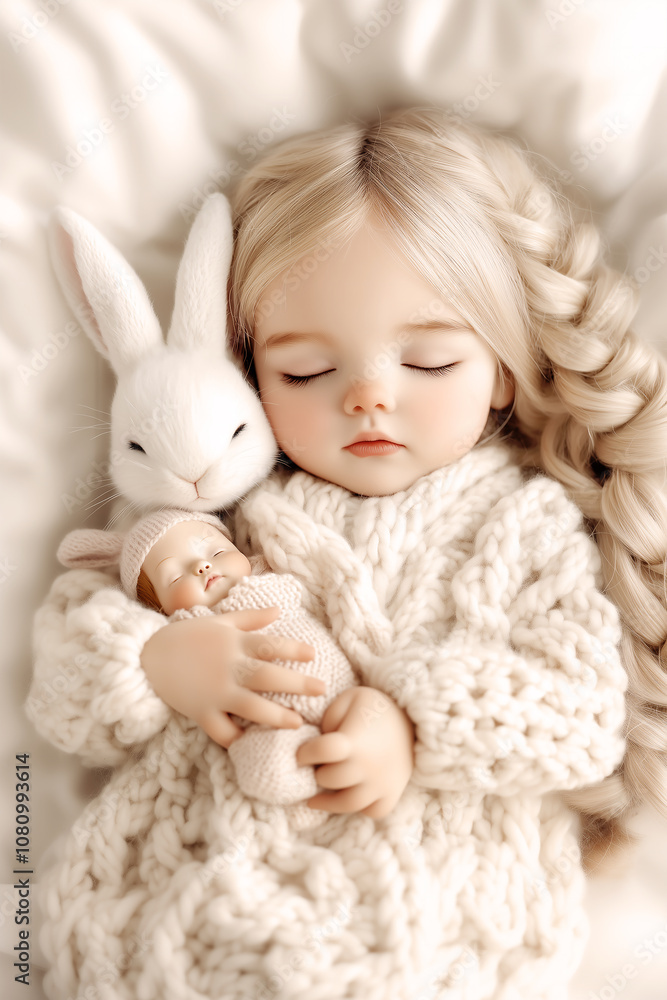 Adorable Little Girl with a baby doll and a rabbit doll, sleeping on a beige blanket, with a warm and cozy feel Adorable Little Girl with a baby doll and a rabbit doll, sleeping on a beige blanket, with a warm and cozy feel