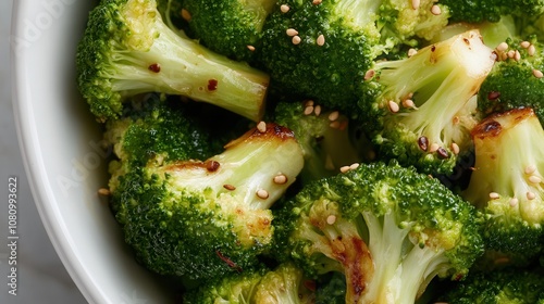 Close-up view of broiled broccoli drizzled with miso and teriyaki sauce on a white background, showcasing vibrant colors and textures photo