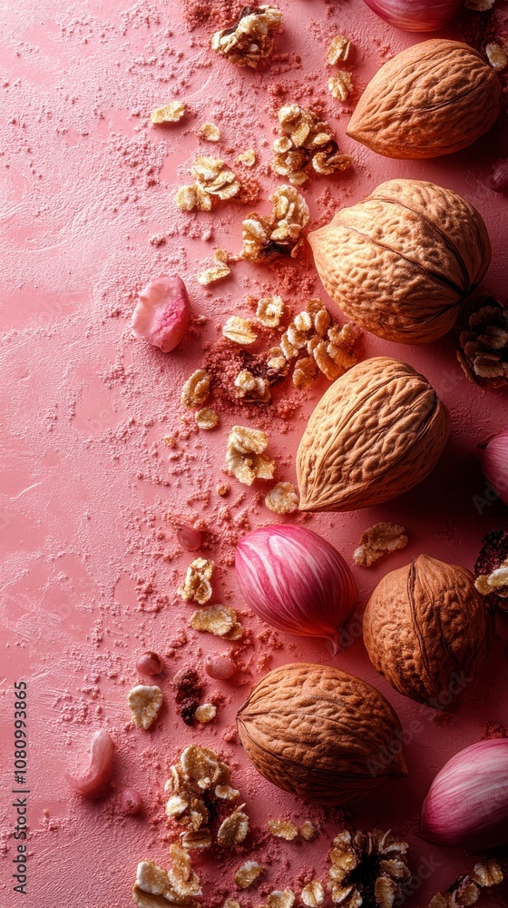 A Vibrant Display of Walnuts, Oats, and Pink Onions: A Healthy and Delicious Food Arrangement A Vibrant Display of Walnuts, Oats, and Pink Onions: A Healthy and Delicious Food Arrangement