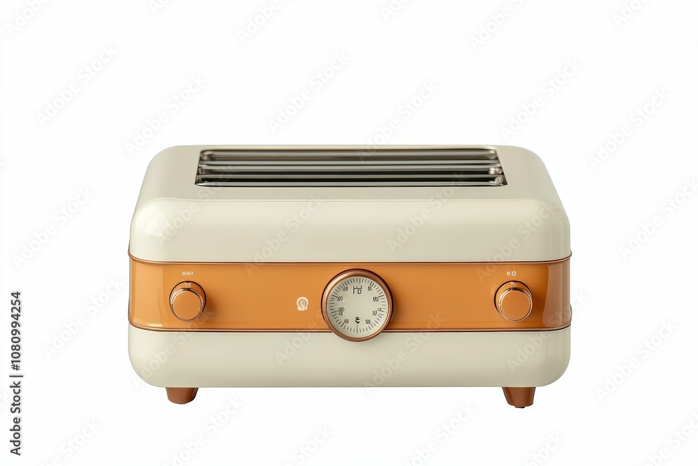 A retro-style toaster in cream and orange. A retro-style toaster in cream and orange.