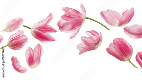 Pink tulip petals fly in a semicircle isolated on a white background