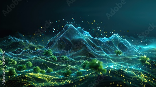 Abstract digital landscape with glowing mountains, trees and particles.