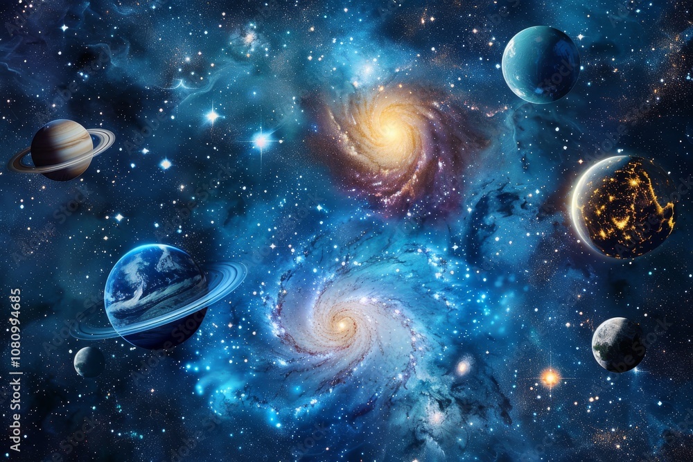 A large celestial body with a mottled surface, possibly a moon or planet, floats against a backdrop of twinkling stars and swirling nebulae A celestial backdrop of shimmering stars and planets A large celestial body with a mottled surface, possibly a moon or planet, floats against a backdrop of twinkling stars and swirling nebulae A celestial backdrop of shimmering stars and planets