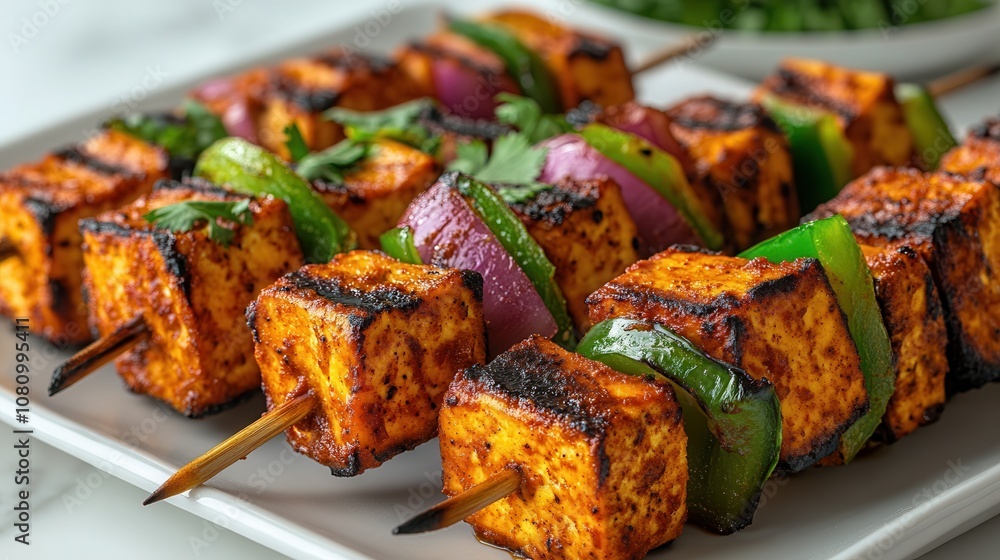Grilled Indian tofu skewers with colorful vegetables served at a fusion restaurant in Amsterdam Grilled Indian tofu skewers with colorful vegetables served at a fusion restaurant in Amsterdam