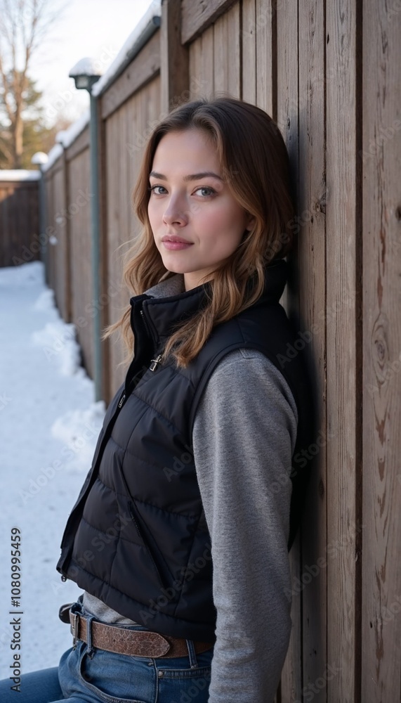 Young woman with contemplative expression wearing black puffy vest leaning against wooden fence in snowy setting Young woman with contemplative expression wearing black puffy vest leaning against wooden fence in snowy setting