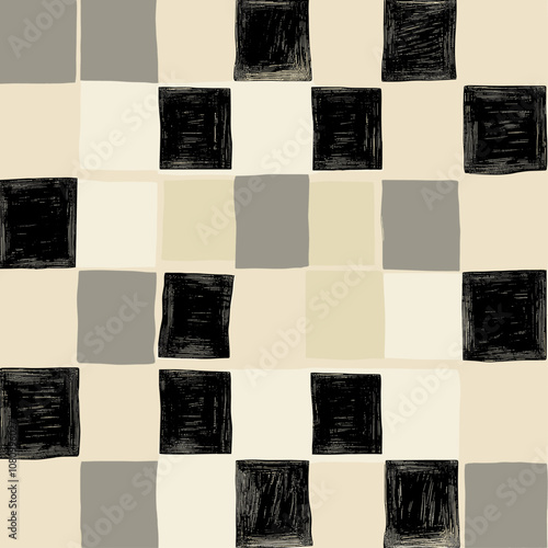 Trendy pattern of alternating black and warm orange squares, hand-drawn chessboard design, textile, banner, wallpaper, card design, stylish home decor.